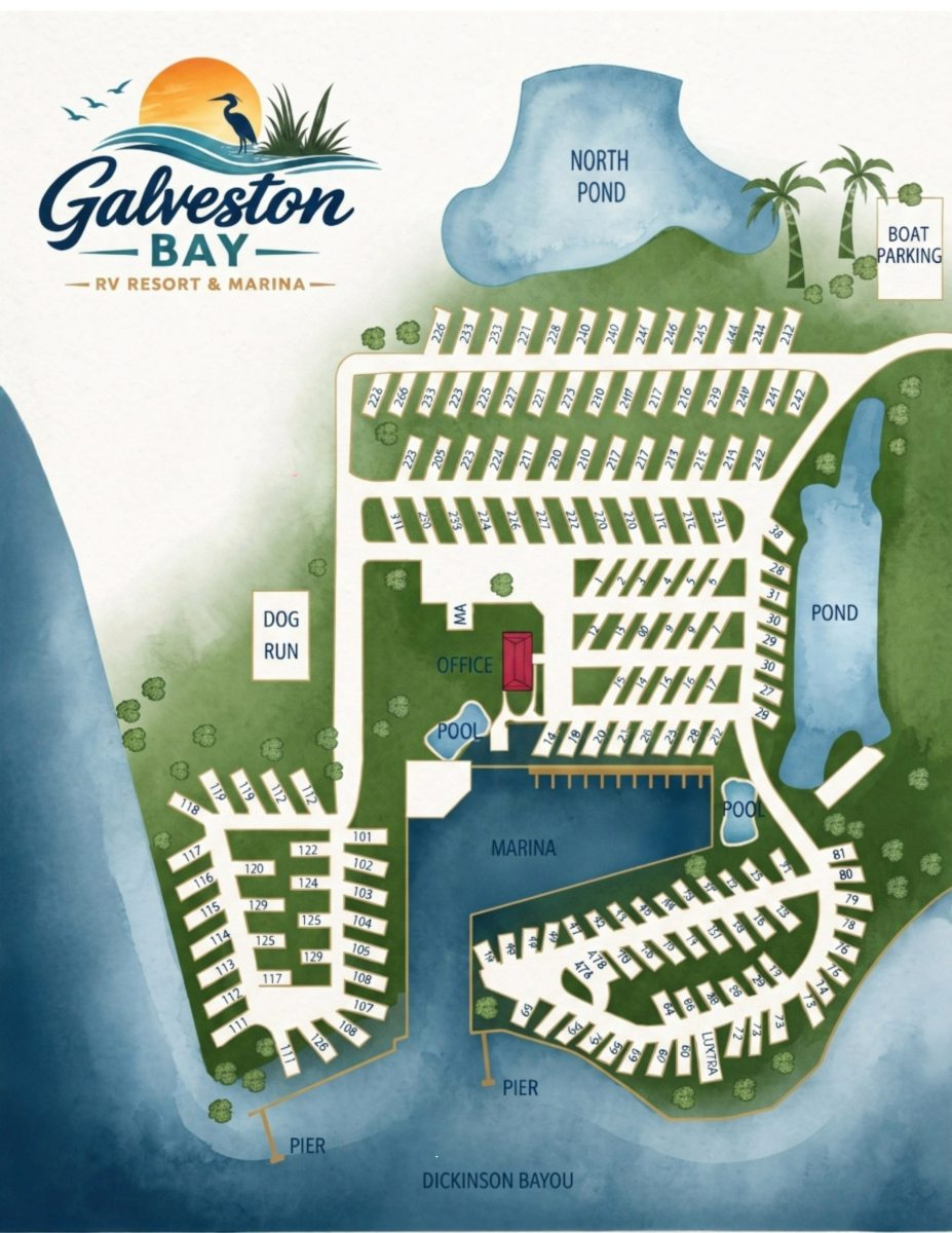 Galveston Bay RV Resort and Marina Illustrated Site Map with Space Numbers